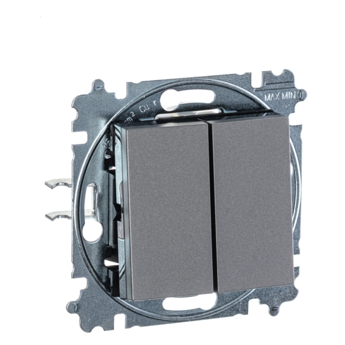 Выключатель двухклавишный ABB LEVIT, сталь // дымчатый черный, 2CHH590545A6069